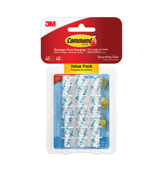 Clear Hooks and Strips, Decorating Clips, Plastic, 0.15 lb Capacity, 40 Clips and 48 Strips/Pack