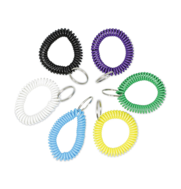 Wrist Coil Plus Key Ring, Plastic, Assorted Colors, 6/Pack