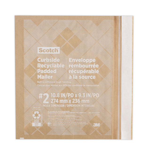 Curbside Recyclable Padded Mailer, #2, Bubble Cushion, Self-Adhesive Closure, 11.25 x 12, Natural Kraft, 100/Carton