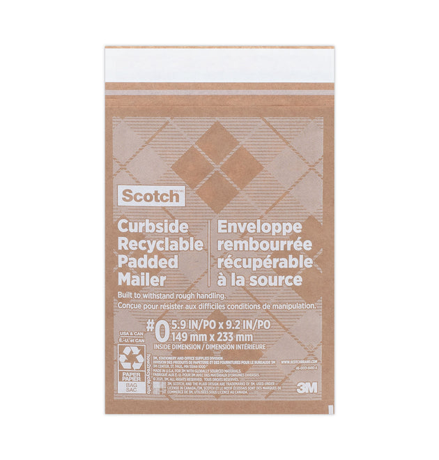 Curbside Recyclable Padded Mailer, #0, Bubble Cushion, Self-Adhesive Closure, 7 x 11.25, Natural Kraft, 100/Carton