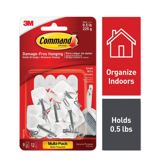 General Purpose Wire Hooks Multi-Pack, Small, Metal, White, 0.5 lb Capacity, 9 Hooks and 12 Strips/Pack