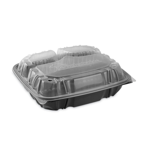 EarthChoice Vented Dual Color Microwavable Hinged Lid Container, 3-Comp Base/Lid, 34 oz, 10.5x9.5x3, Blk/Clr, Plastic, 132/CT