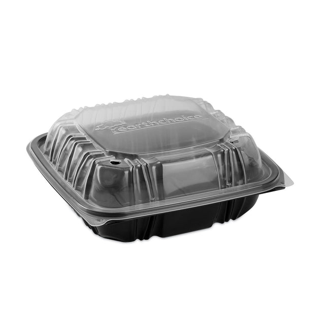 EarthChoice Vented Dual Color Microwavable Hinged Lid Container, 3-Compartment, 21oz, 8.5x8.5x3, Black/Clear, Plastic, 150/CT