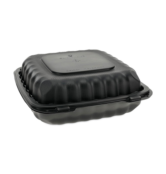 EarthChoice SmartLock Microwavable MFPP Hinged Lid Container, 3-Compartment, 9.33 x 8.88 x 3.1, Black, Plastic, 120/Carton