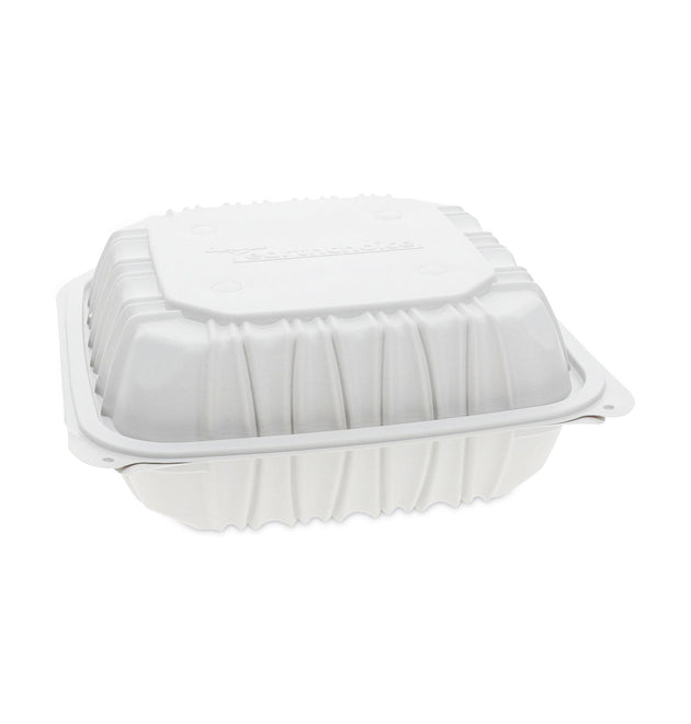 EarthChoice Vented Microwavable MFPP Hinged Lid Container, 8.5 x 8.5 x 3.1, White, Plastic, 146/Carton