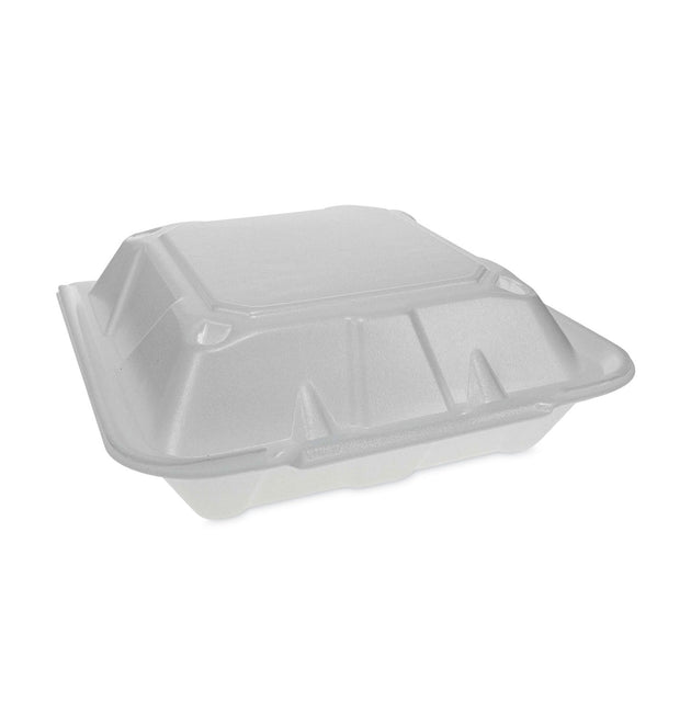 Vented Foam Hinged Lid Container, Dual Tab Lock Economy, 3-Compartment, 9.13 x 9 x 3.25, White, 150/Carton