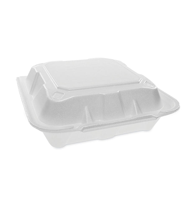 Vented Foam Hinged Lid Container, Dual Tab Lock, 8.42 x 8.15 x 3, White, 150/Carton