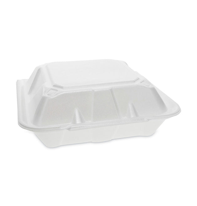 Vented Foam Hinged Lid Container, Dual Tab Lock, 3-Compartment, 9.13 x 9 x 3.25, White, 150/Carton