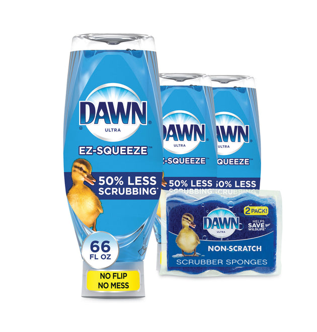 Ultra Liquid Dish Detergent, Dawn Original, Three 22 oz E-Z Squeeze Bottles and 2 Sponges/Pack, 6 Packs/Carton