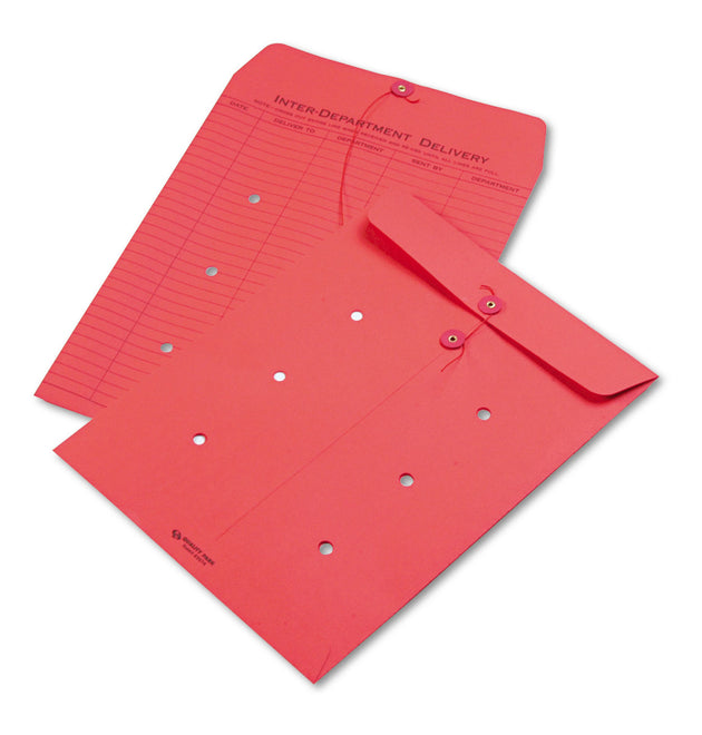 Colored Paper String and Button Interoffice Envelope, #97, One-Sided Five-Column Format, 10 x 13, Red, 100/Box