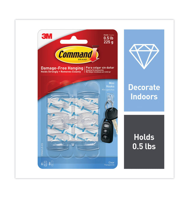 Clear Hooks and Strips, Mini, Plastic, 0.5 lb Capacity, 6 Hooks and 8 Strips/Pack