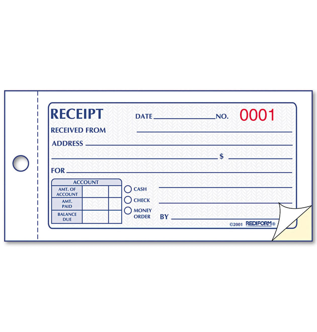 Small Money Receipt Book, Two-Part Carbonless, 2.75 x 5, 50 Forms Total