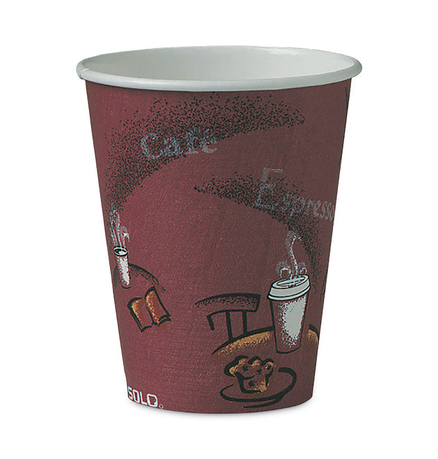 Paper Hot Drink Cups in Bistro Design, 8 oz, Maroon, 50/Bag, 20 Bags/Carton