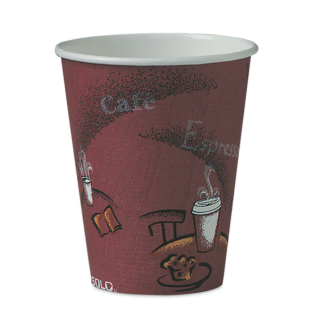 Paper Hot Drink Cups in Bistro Design, 8 oz, Maroon, 50/Pack