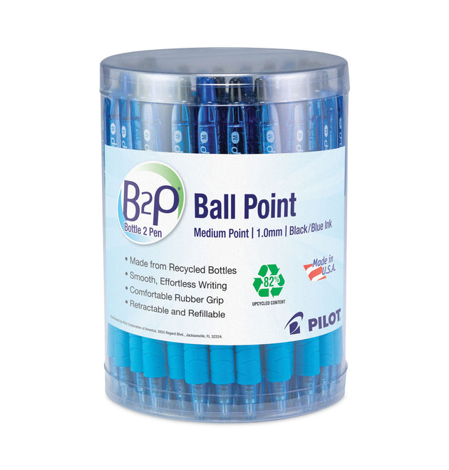 B2P Bottle-2-Pen Recycled Ballpoint Pen, Retractable, Medium 1 mm, Assorted Ink Colors, Translucent Blue Barrel, 36/Pack