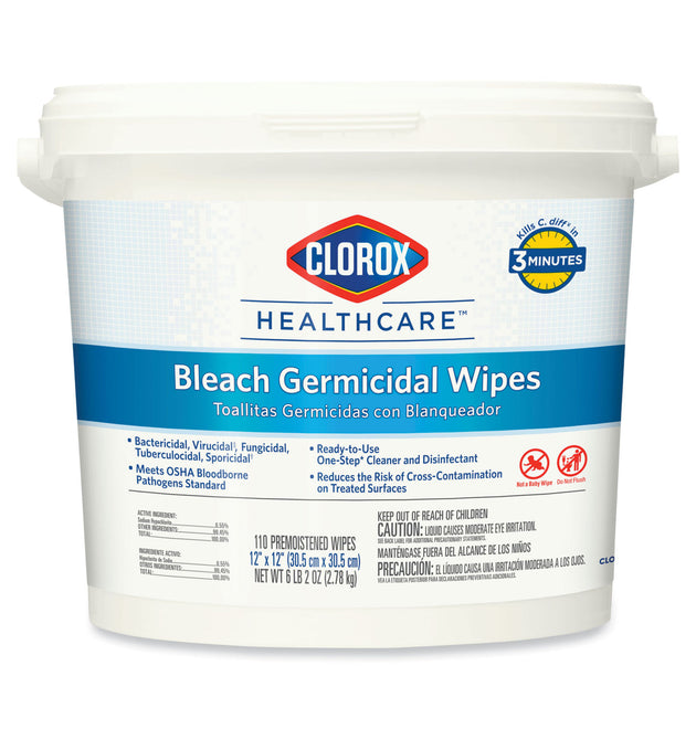 Bleach Germicidal Wipes, 1-Ply, 12 x 12, Unscented, White, 110/Bucket