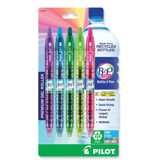 B2P Bottle-2-Pen Recycled Gel Pen, Retractable, Fine 0.7 mm, Assorted Ink and Barrel Colors, 5/Pack