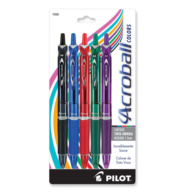 Acroball Colors Advanced Ink Hybrid Gel Pen, Retractable, Medium 1 mm, Assorted Ink and Barrel Colors, 5/Pack