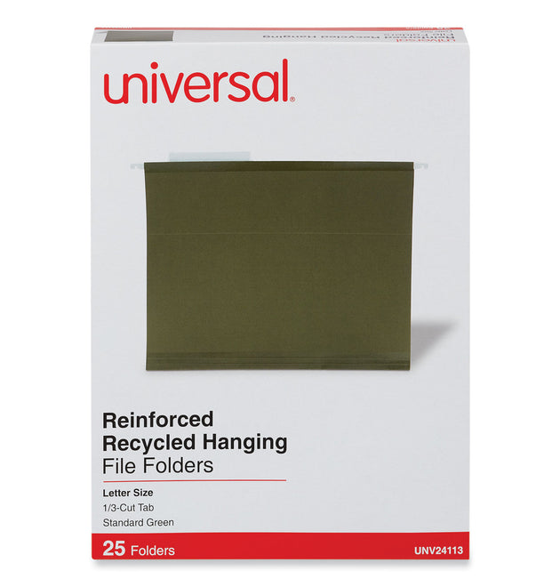 Deluxe Reinforced Recycled Hanging File Folders, Letter Size, 1/3-Cut Tabs, Standard Green, 25/Box