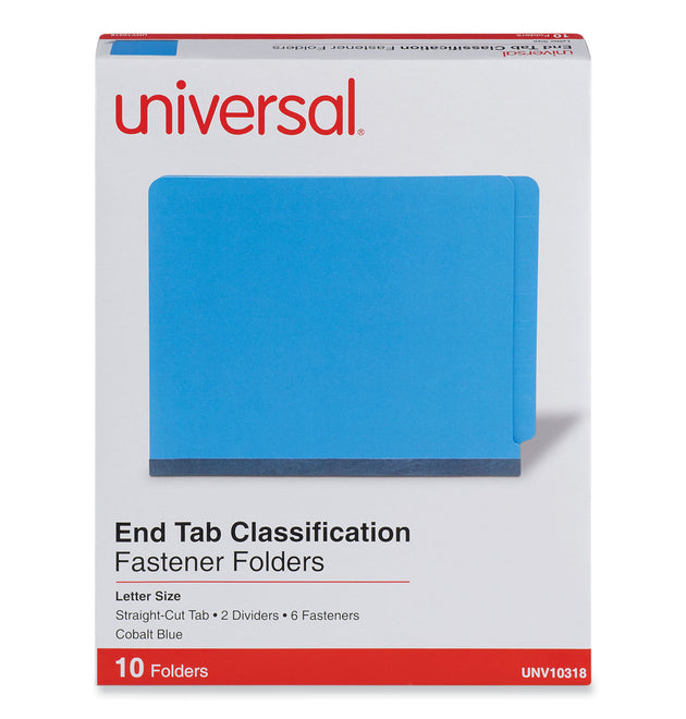 Deluxe Six-Section Pressboard End Tab Classification Folders, 2 Dividers, 6 Fasteners, Letter Size, Cobalt Blue, 10/Box