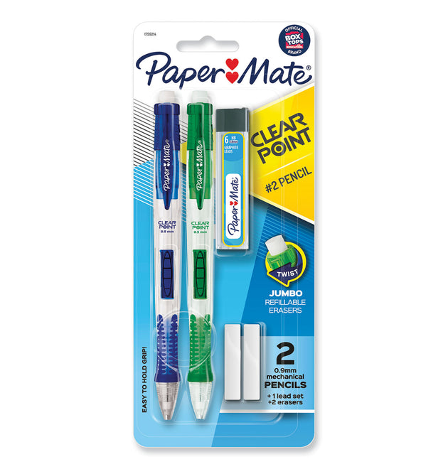 Clear Point Mechanical Pencils with Tube of Lead/Erasers, 0.9 mm, HB (#2), Black Lead, Assorted Barrel Colors, 2/Pack