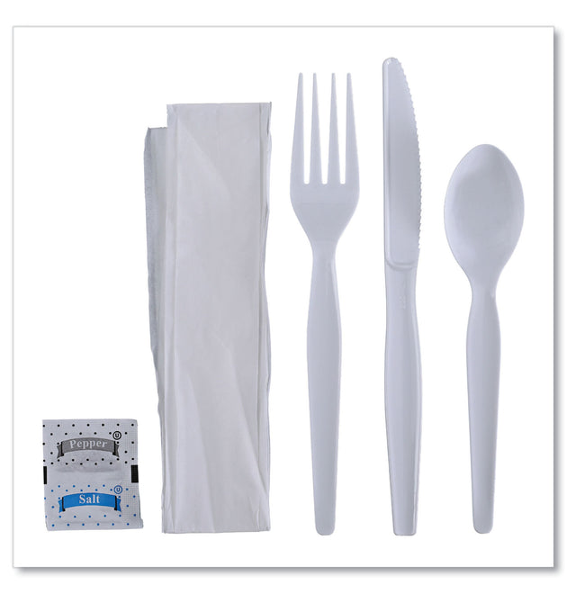 Six-Piece Cutlery Kit, Condiment/Fork/Knife/Napkin/Spoon, Heavyweight, White, 250/Carton