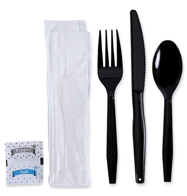 Six-Piece Cutlery Kit, Condiment/Fork/Knife/Napkin/Teaspoon, Black, 250/Carton