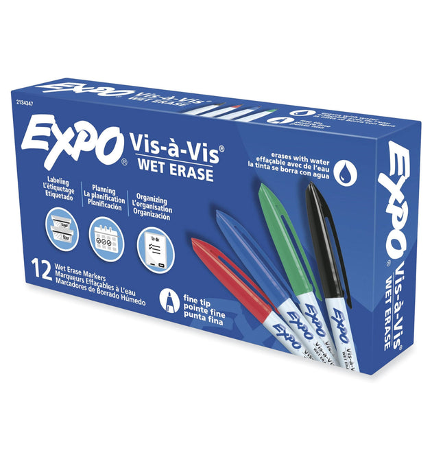 Vis-a-Vis Wet Erase Marker, Fine Bullet Tip, Assorted, Dozen