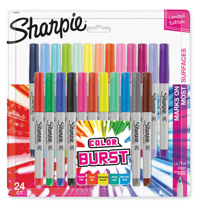 Ultra Fine Tip Permanent Marker, Ultra-Fine Needle Tip, Assorted Classic and Limited Edition Color Burst Colors, 24/Pack