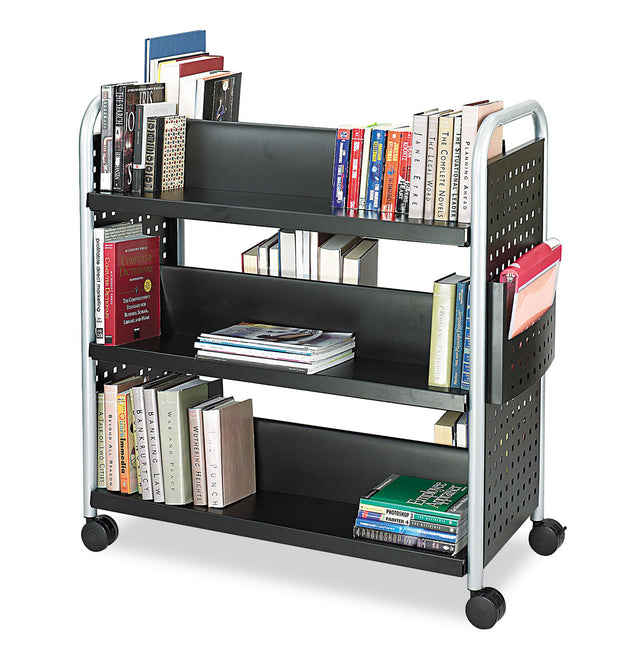 Scoot Double-Sided Book Cart, Metal, 6 Shelves, 1 Bin, 41.25