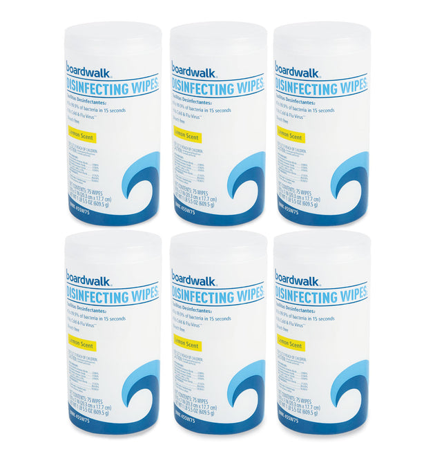 Disinfecting Wipes, 7 x 8, Lemon Scent, 75/Canister, 6 Canisters/Carton