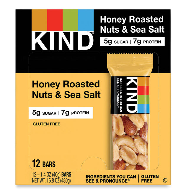 Nuts and Spices Bar, Honey Roasted Nuts/Sea Salt, 1.4 oz Bar, 12/Box