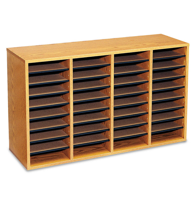 Wood/Laminate Literature Sorter, 36 Compartments, 39.25 x 11.75 x 24, Medium Oak