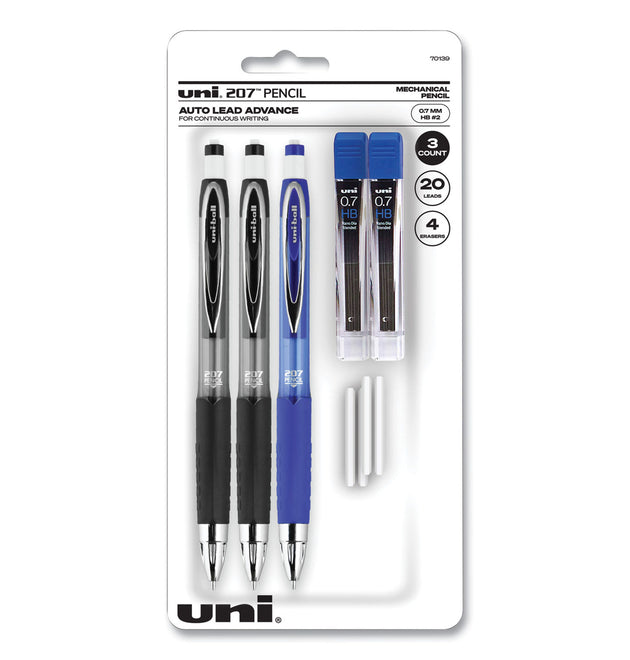 207 Mechanical Pencils with Tube of Lead/Erasers, 0.7 mm, HB (#2), Black Lead, Assorted Barrel Colors, 3 Pencils/Set