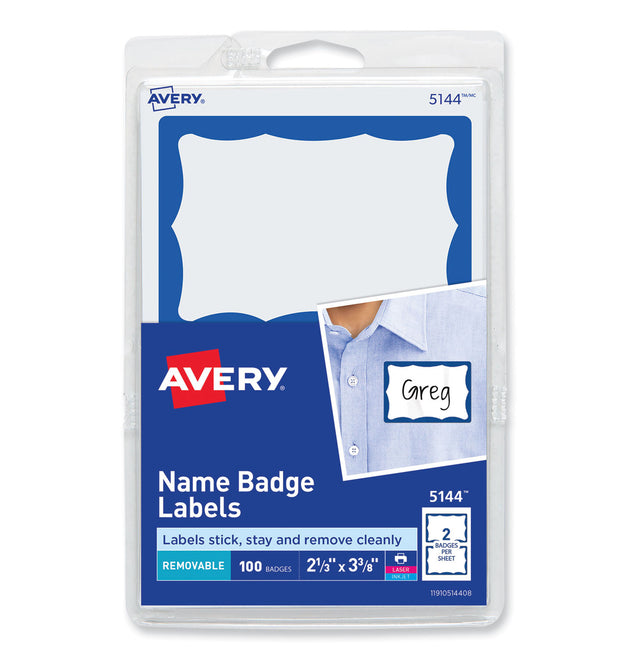 Printable Adhesive Name Badges, 3.38 x 2.33, Blue Border, 100/Pack