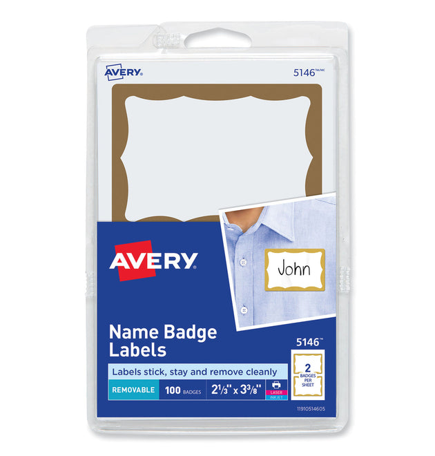 Printable Adhesive Name Badges, 3.38 x 2.33, Gold Border, 100/Pack