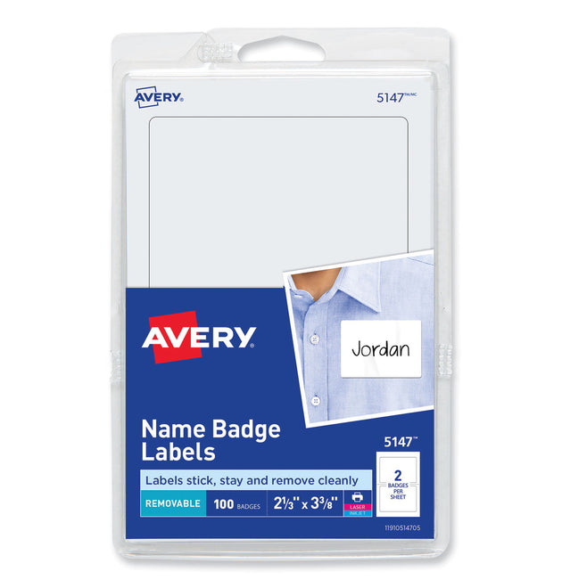 Printable Adhesive Name Badges, 3.38 x 2.33, White, 100/Pack