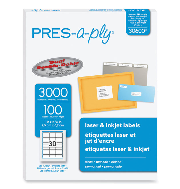 Labels, Laser Printers, 1 x 2.63, White, 30/Sheet, 100 Sheets/Box