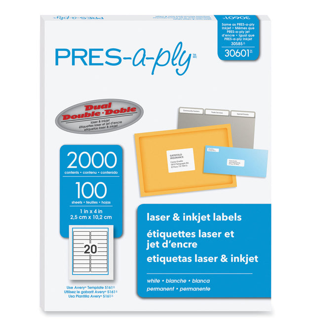 Labels, Laser Printers, 1 x 4, White, 20/Sheet, 100 Sheets/Box