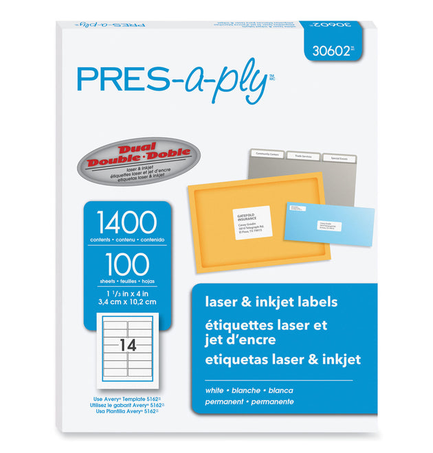 Labels, Laser Printers, 1.33 x 4, White, 14/Sheet, 100 Sheets/Box