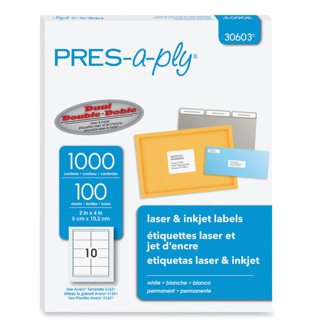 Labels, Laser Printers, 2 x 4, White, 10/Sheet, 100 Sheets/Box