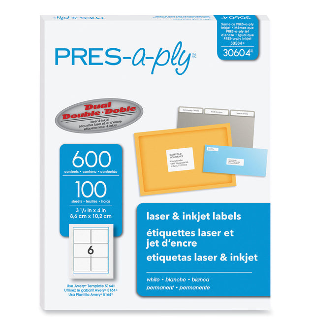 Labels, Laser Printers, 3.33 x 4, White, 6/Sheet, 100 Sheets/Box