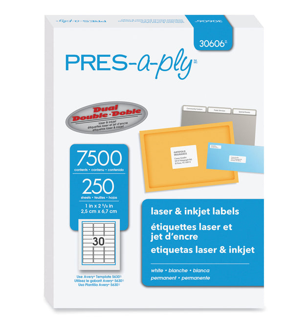 Labels, Laser Printers, 1 x 2.63, White, 30/Sheet, 250 Sheets/Box