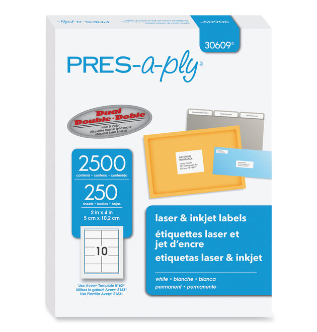 Labels, Laser Printers, 2 x 4, White, 10/Sheet, 250 Sheets/Box