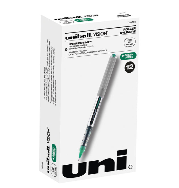 VISION Roller Ball Pen, Stick, Fine 0.7 mm, Green Ink, Silver/Green/Clear Barrel, Dozen