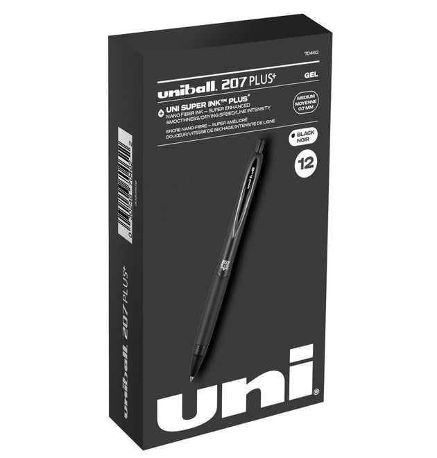 207 Plus+ Gel Pen, Retractable, Medium 0.7 mm, Black Ink, Black Barrel, Dozen