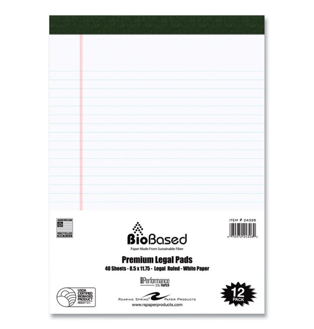 USDA Certified Bio-Preferred Legal Pad, Wide/Legal Rule, 40 White 8.5 x 11.75 Sheets, 12/Pack