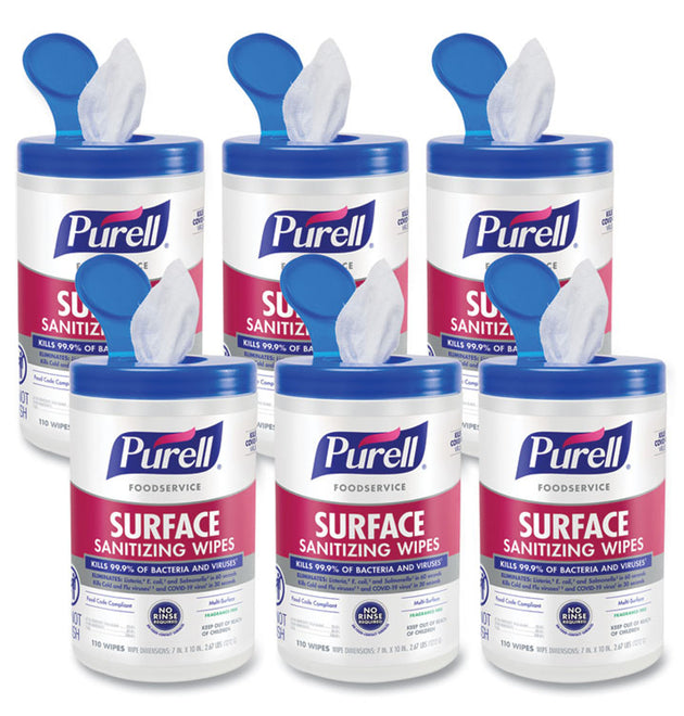 Foodservice Surface Sanitizing Wipes, 1-Ply, 10 x 7, Fragrance-Free, White, 110/Canister, 6 Canisters/Carton