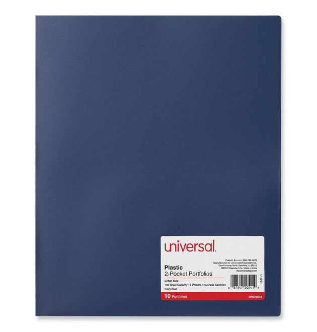 Two-Pocket Plastic Folders, 100-Sheet Capacity, 11 x 8.5, Navy Blue, 10/Pack