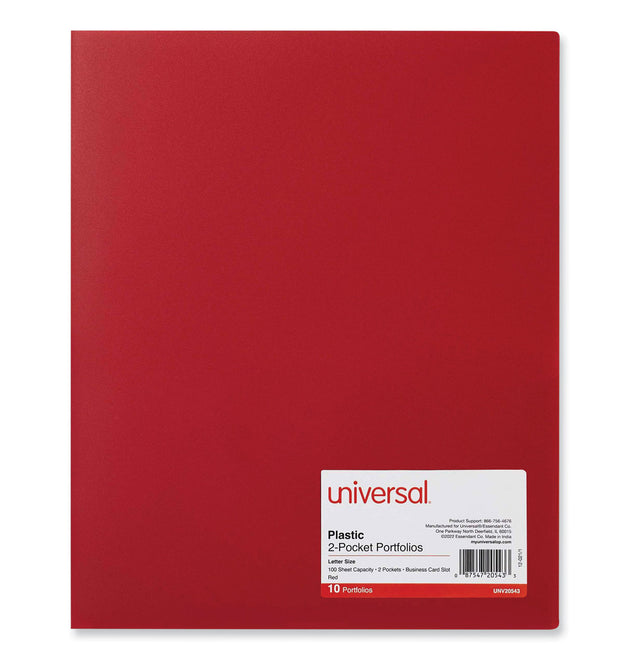 Two-Pocket Plastic Folders, 100-Sheet Capacity, 11 x 8.5, Red, 10/Pack